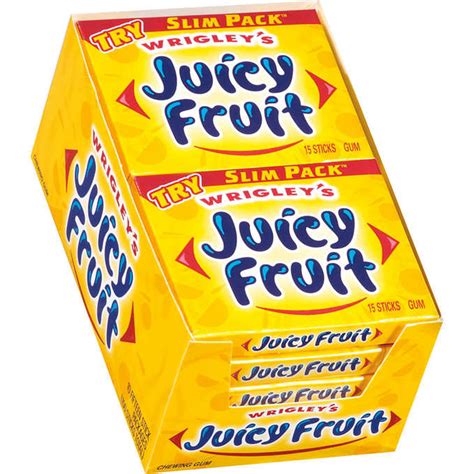 Juicy fruit - Ingredients: Sugar, gum base, corn syrup, dextrose; less than 2% of: Natural and artificial flavors, glycerol, soy lecithin, aspartame, acesulfame K, hydroxylated soy lecithin, color (yellow 5 lake), BHT (to maintain freshness). Phenylketonurics: Contains phenylalanine. 1. Sugar. A sweetening additive. Made mainly from sugar cane and sugar beet. 